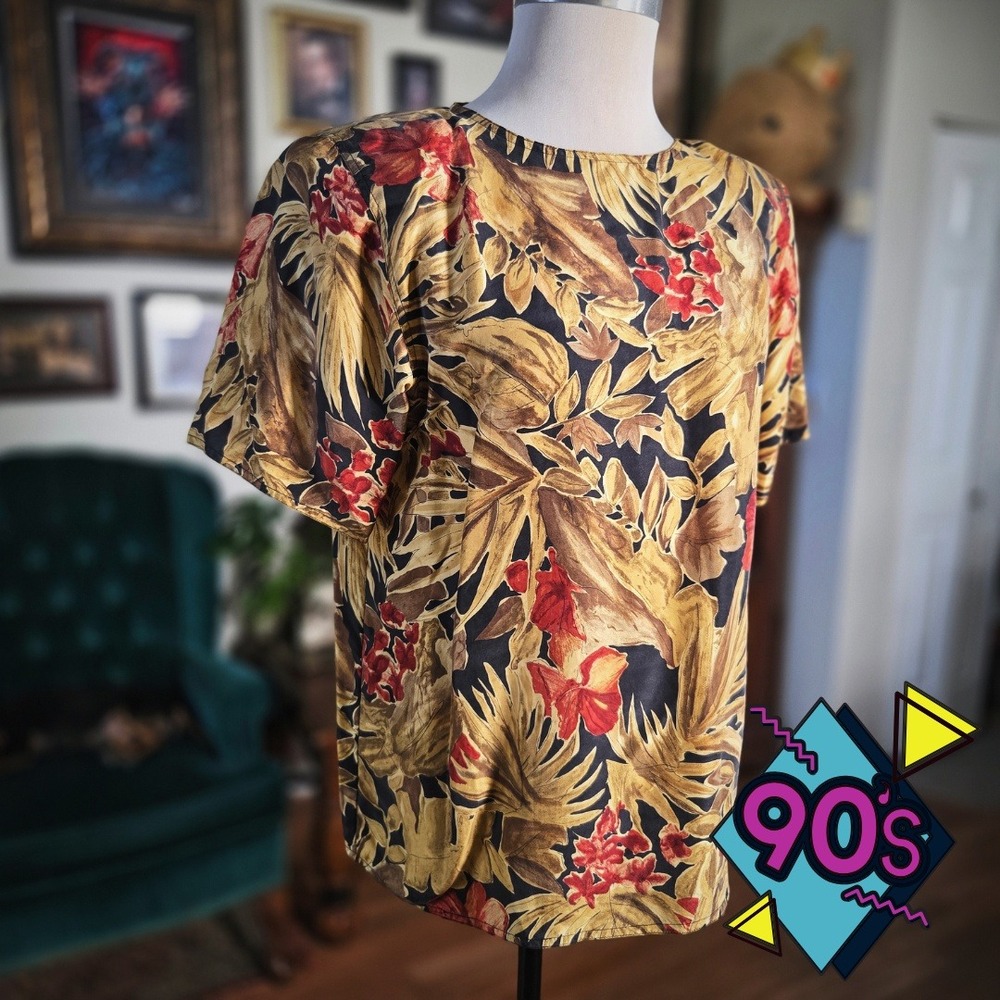 Vintage 90s Tess Silk Tropical Blouse Floral Jungle Print Short Sleeve Brown